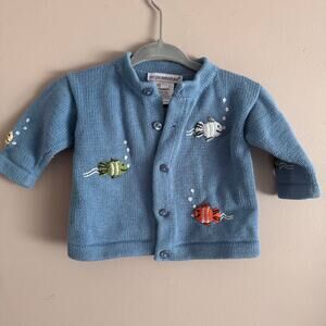 Blue Knit Baby Cardigan Sweater with Embroidered Fish Size 0-3 Months Unisex